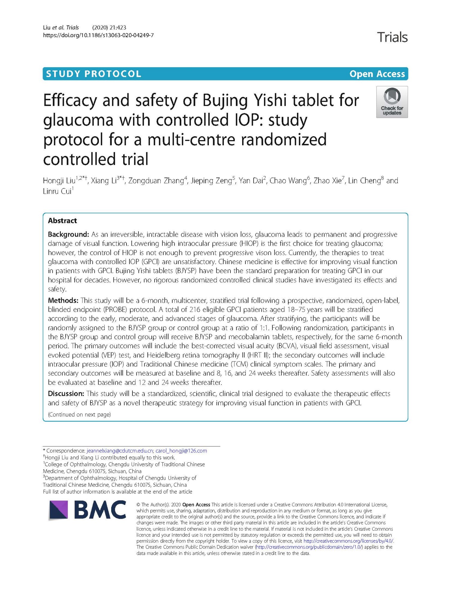 Efficacy and safety of Bujing Yishi tablet for glaucoma with controlled IOP- study protocol for a multi-centre randomized controlled trial